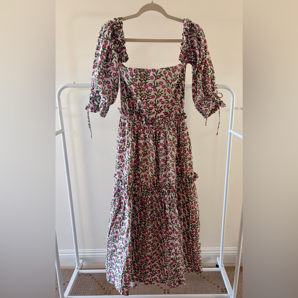 EDDY Maxi Dress with Pink Floral Block Print, Hand printed, Size Medium